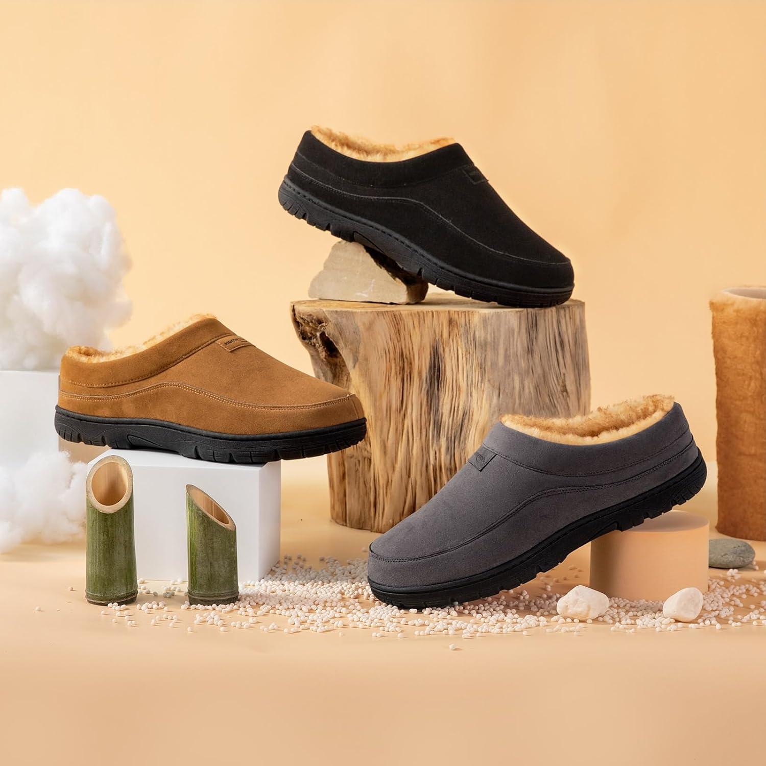 imageHomeTop Mens Moccasin Slippers Soft Warm Nonslip Memory Foam Indoor House Shoes with Fluffy LiningDark Black