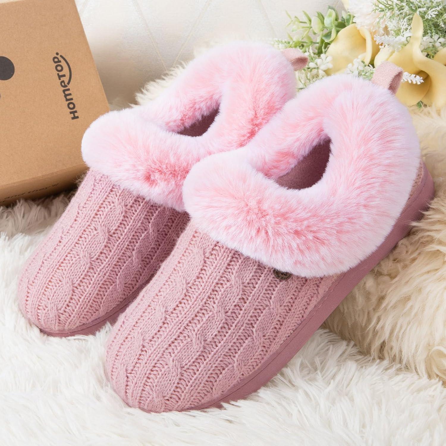 imageHomeTop Womens Cable Knit Slippers Breathable Warm Comfy Nonslip Indoor Outdoor House Shoes with Fuzzy CollarFlamingo Pink