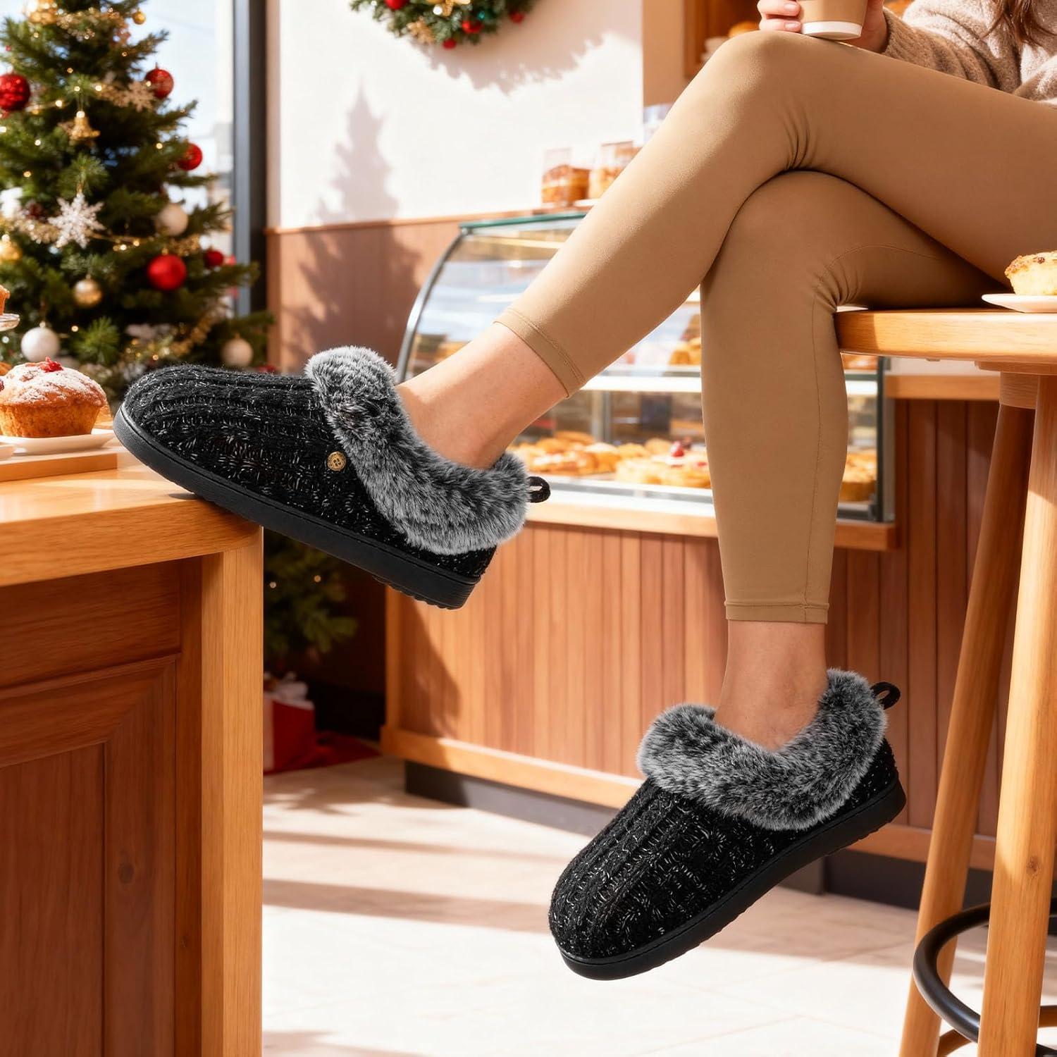 imageHomeTop Womens Cable Knit Slippers Breathable Warm Comfy Nonslip Indoor Outdoor House Shoes with Fuzzy CollarJet Black