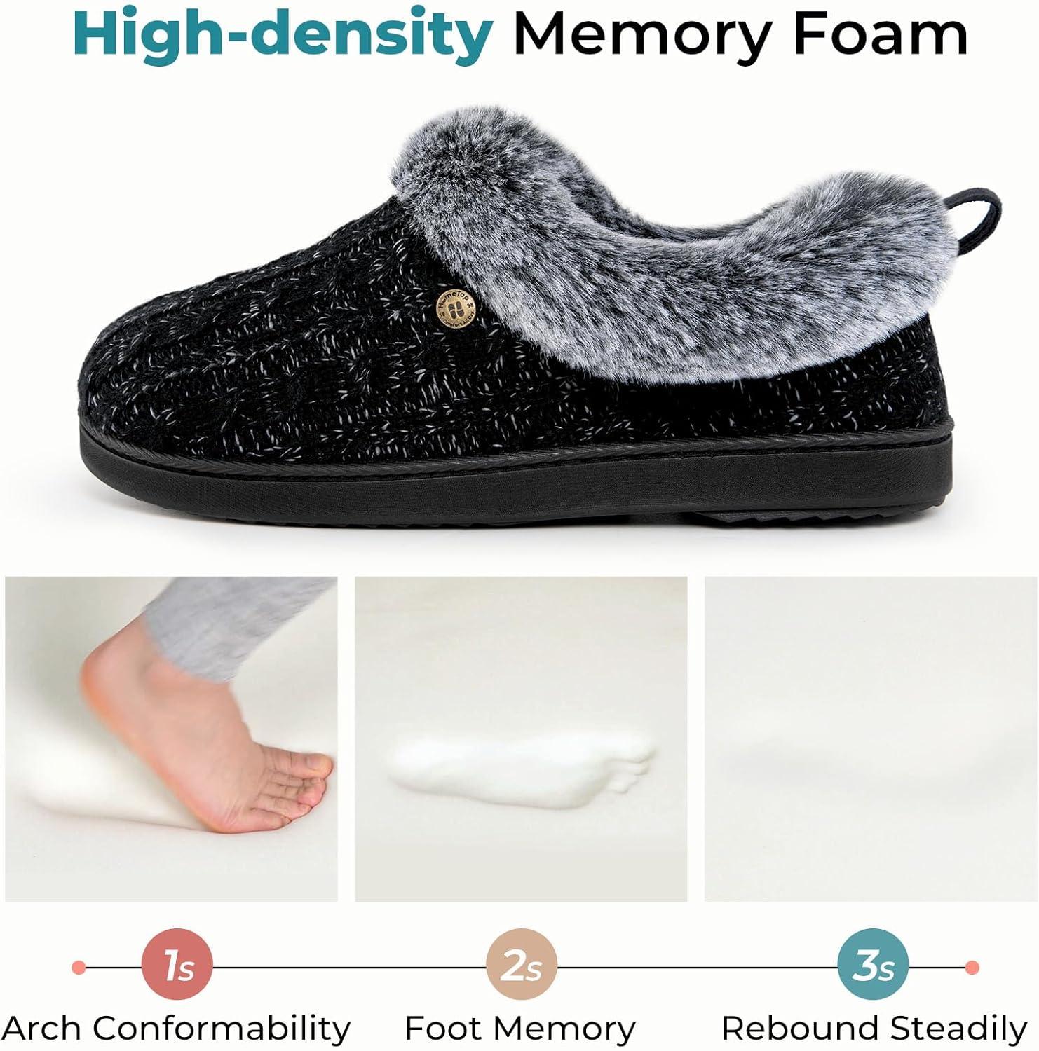 imageHomeTop Womens Cable Knit Slippers Breathable Warm Comfy Nonslip Indoor Outdoor House Shoes with Fuzzy CollarJet Black