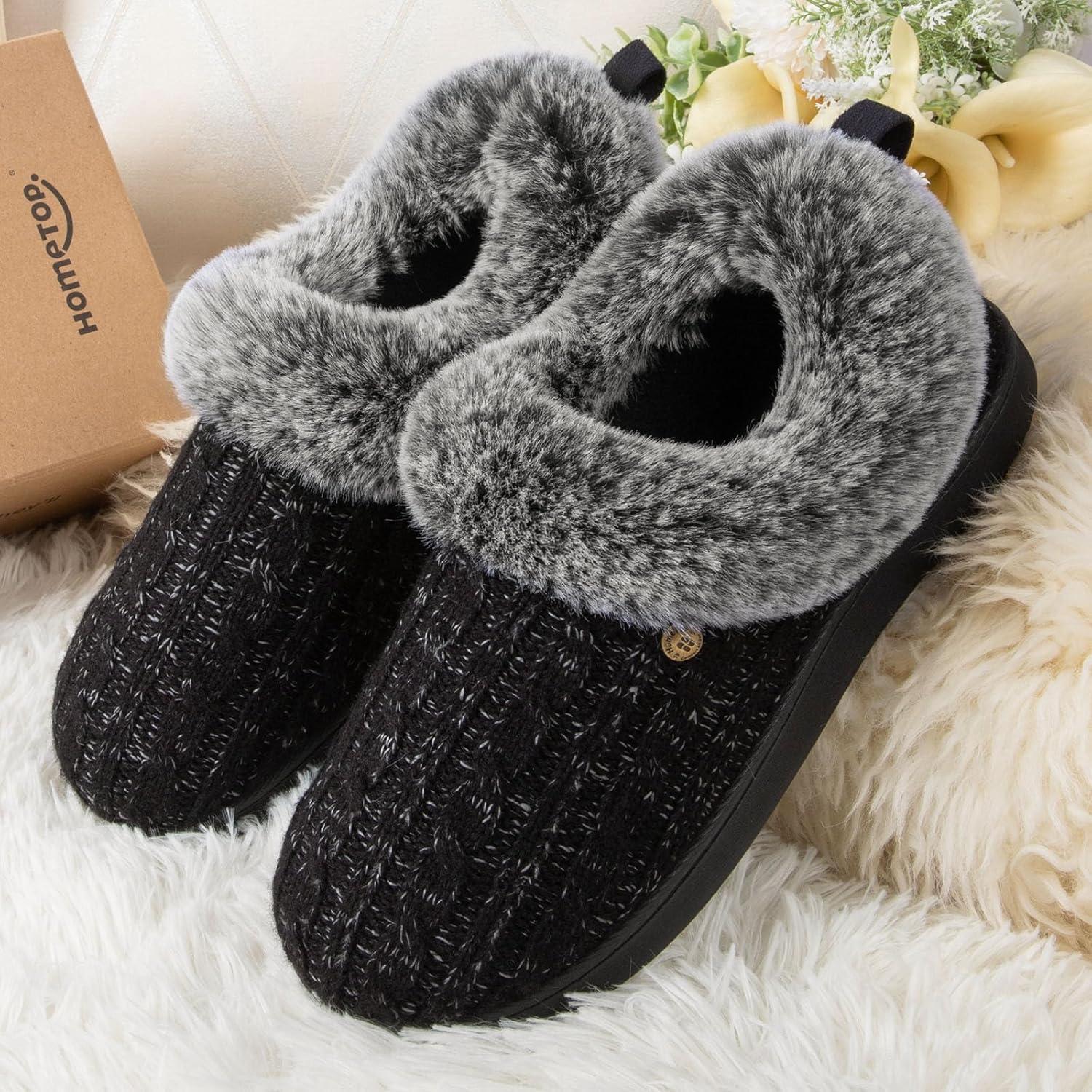 imageHomeTop Womens Cable Knit Slippers Breathable Warm Comfy Nonslip Indoor Outdoor House Shoes with Fuzzy CollarJet Black