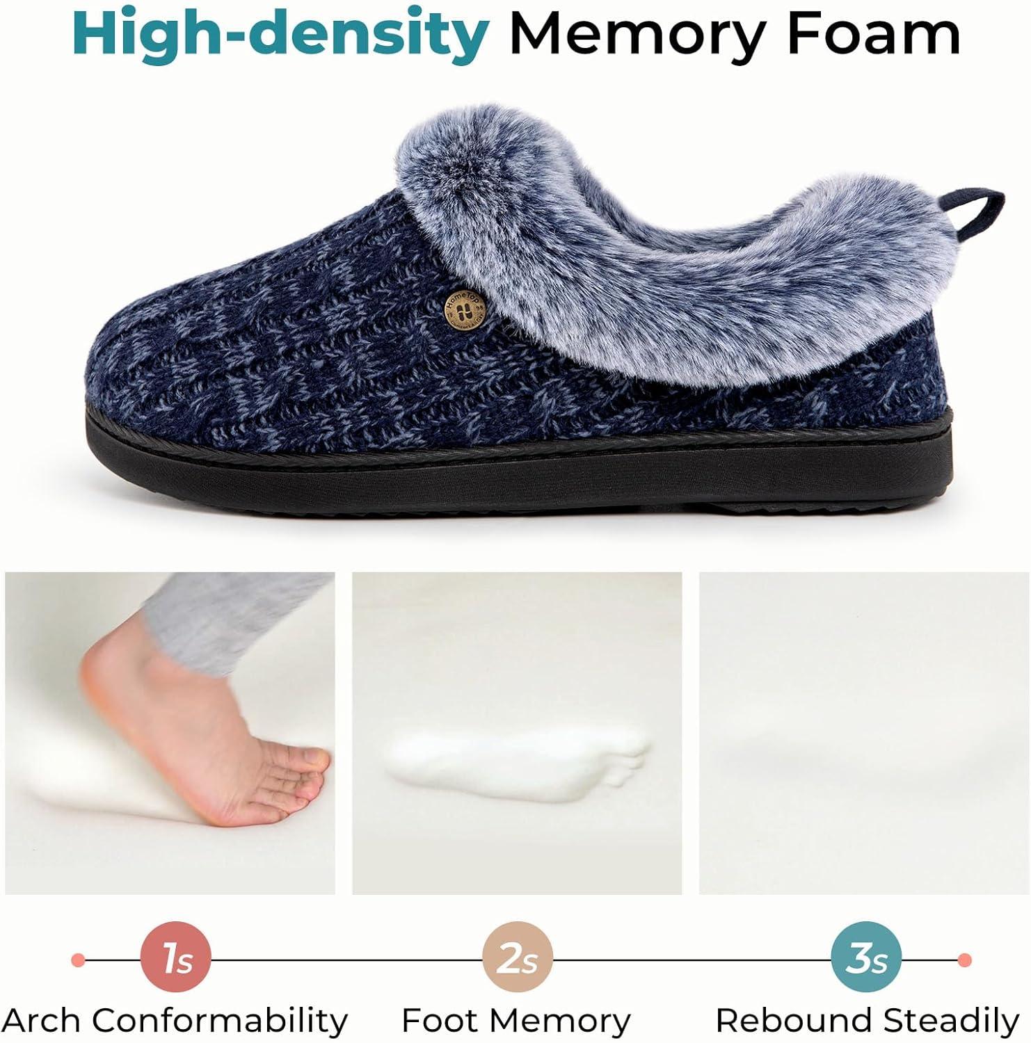imageHomeTop Womens Cable Knit Slippers Breathable Warm Comfy Nonslip Indoor Outdoor House Shoes with Fuzzy CollarNavy Blue