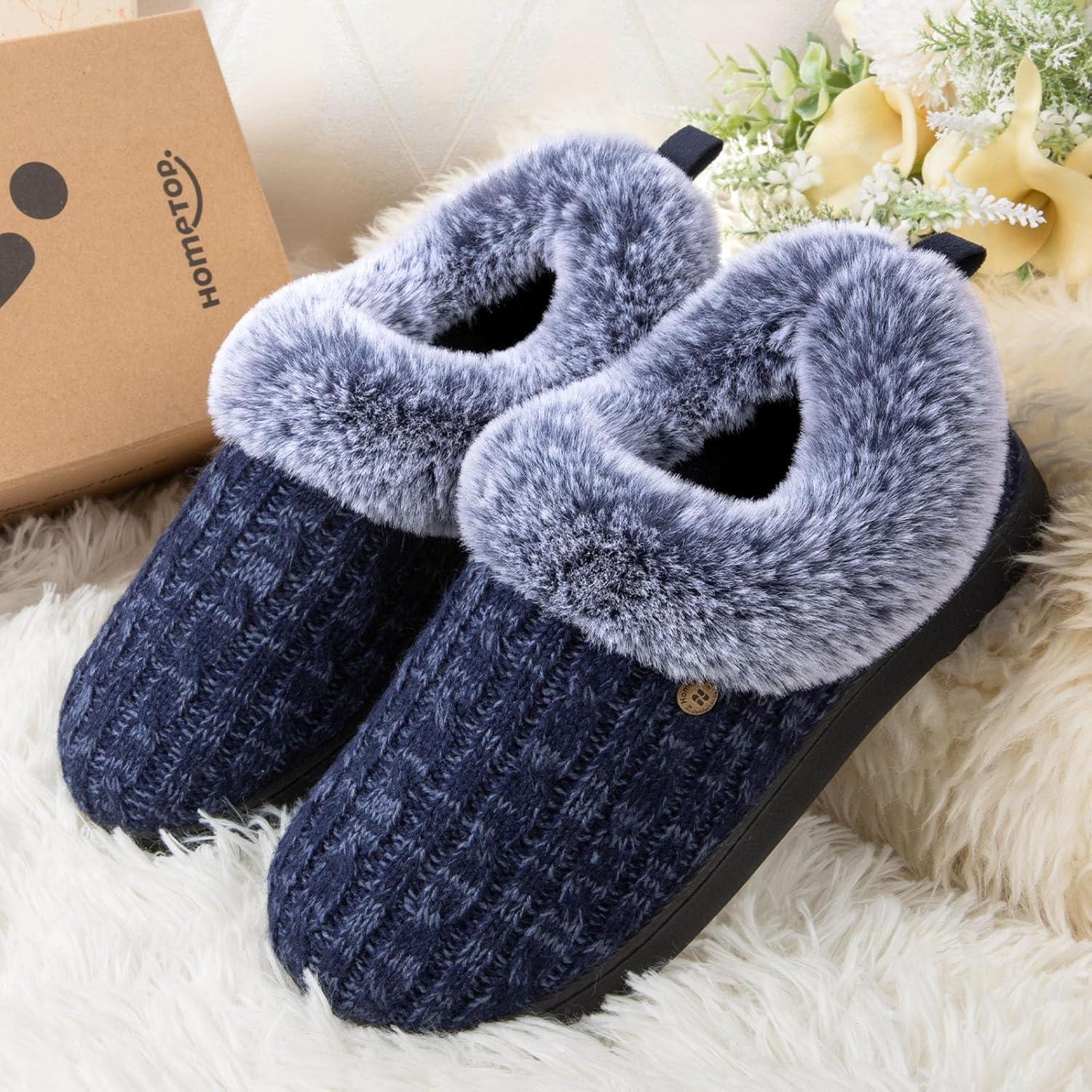 imageHomeTop Womens Cable Knit Slippers Breathable Warm Comfy Nonslip Indoor Outdoor House Shoes with Fuzzy CollarNavy Blue