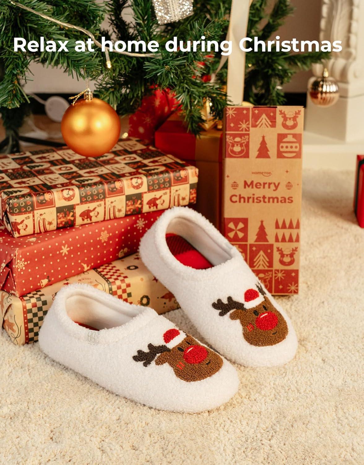 imageHomeTop Womens Fuzzy Curly Fur Memory Foam Loafer Slippers with Polar Fleece LiningXmas Reindeer