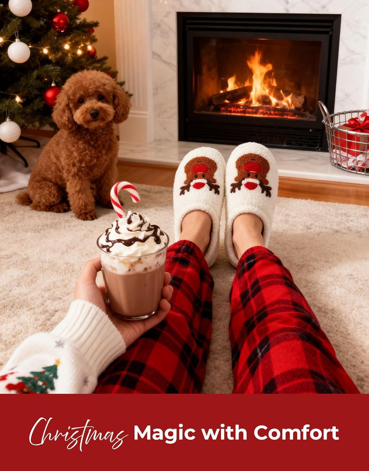 imageHomeTop Womens Fuzzy Curly Fur Memory Foam Loafer Slippers with Polar Fleece LiningXmas Reindeer