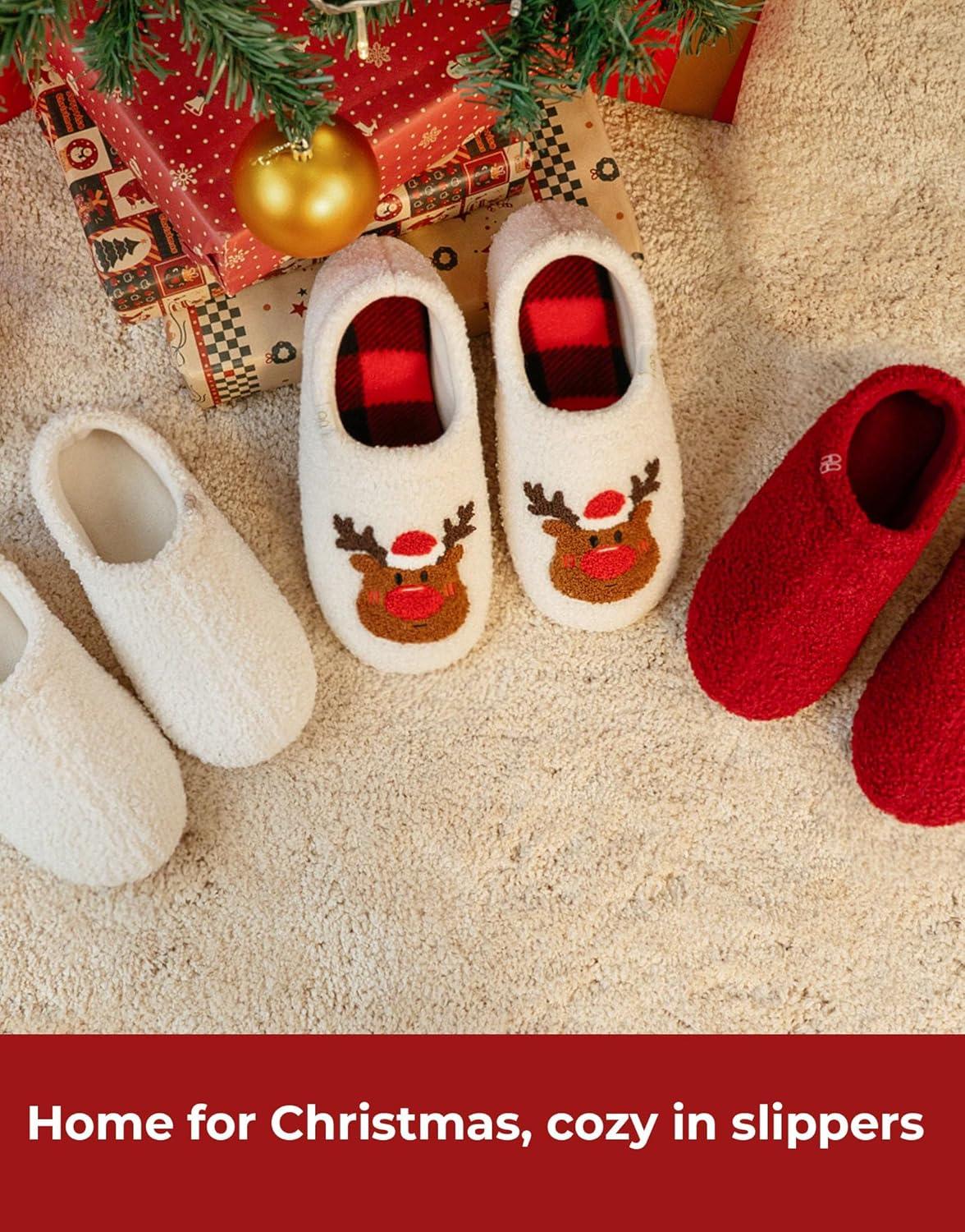 imageHomeTop Womens Fuzzy Curly Fur Memory Foam Loafer Slippers with Polar Fleece LiningXmas Reindeer