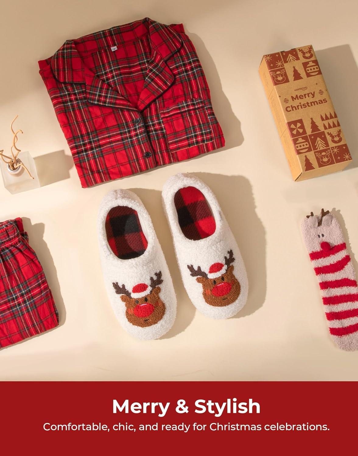 imageHomeTop Womens Fuzzy Curly Fur Memory Foam Loafer Slippers with Polar Fleece LiningXmas Reindeer