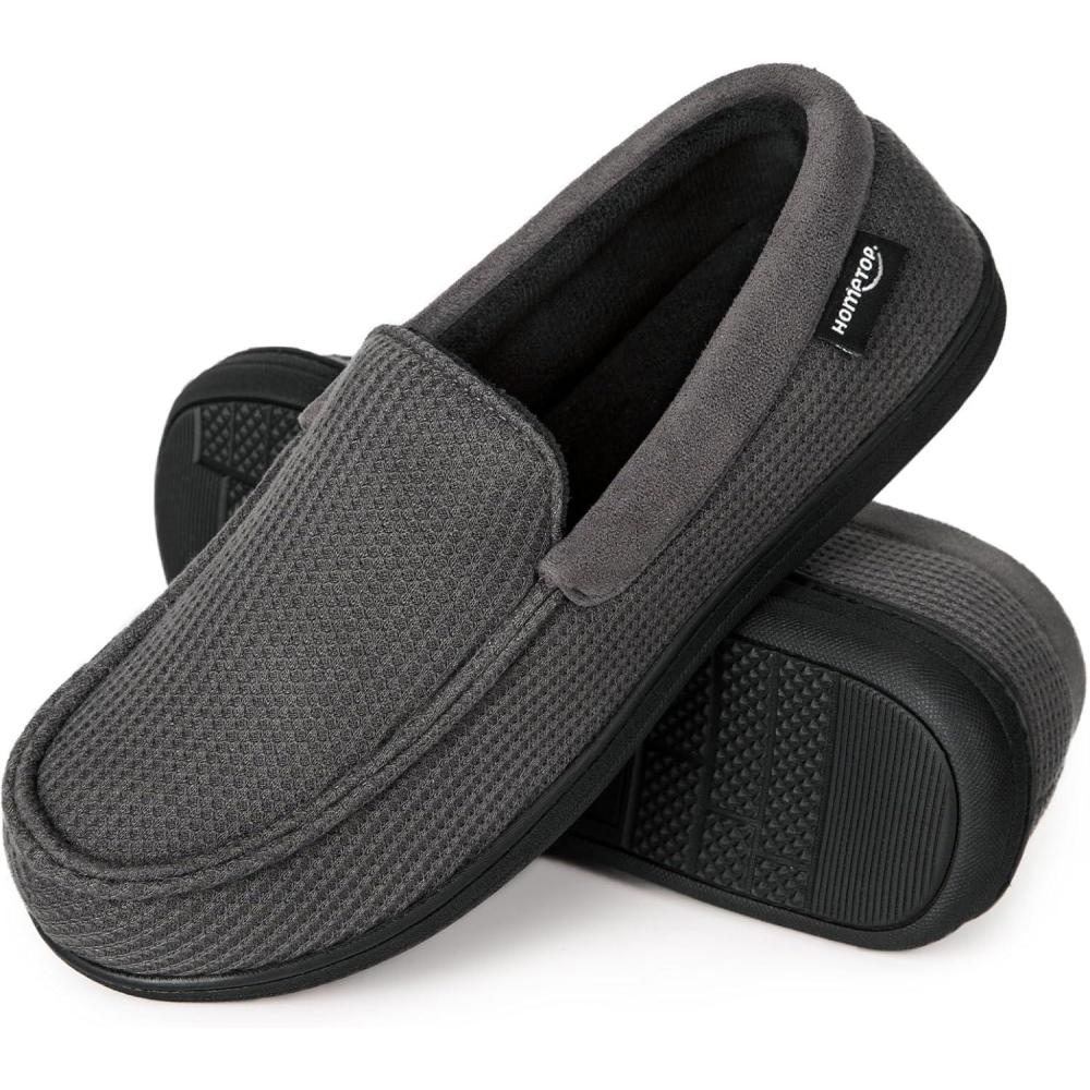 imageHomeTop Mens Comfort Memory Foam Moccasin Slippers Breathable Cotton Knit Terry Cloth House Shoes for Indoor OutdoorGrey