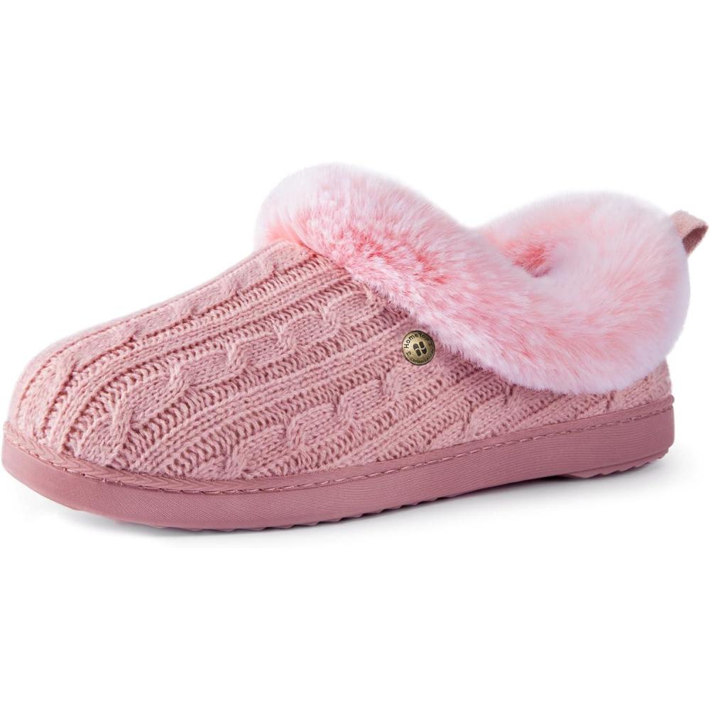 imageHomeTop Womens Cable Knit Slippers Breathable Warm Comfy Nonslip Indoor Outdoor House Shoes with Fuzzy CollarFlamingo Pink
