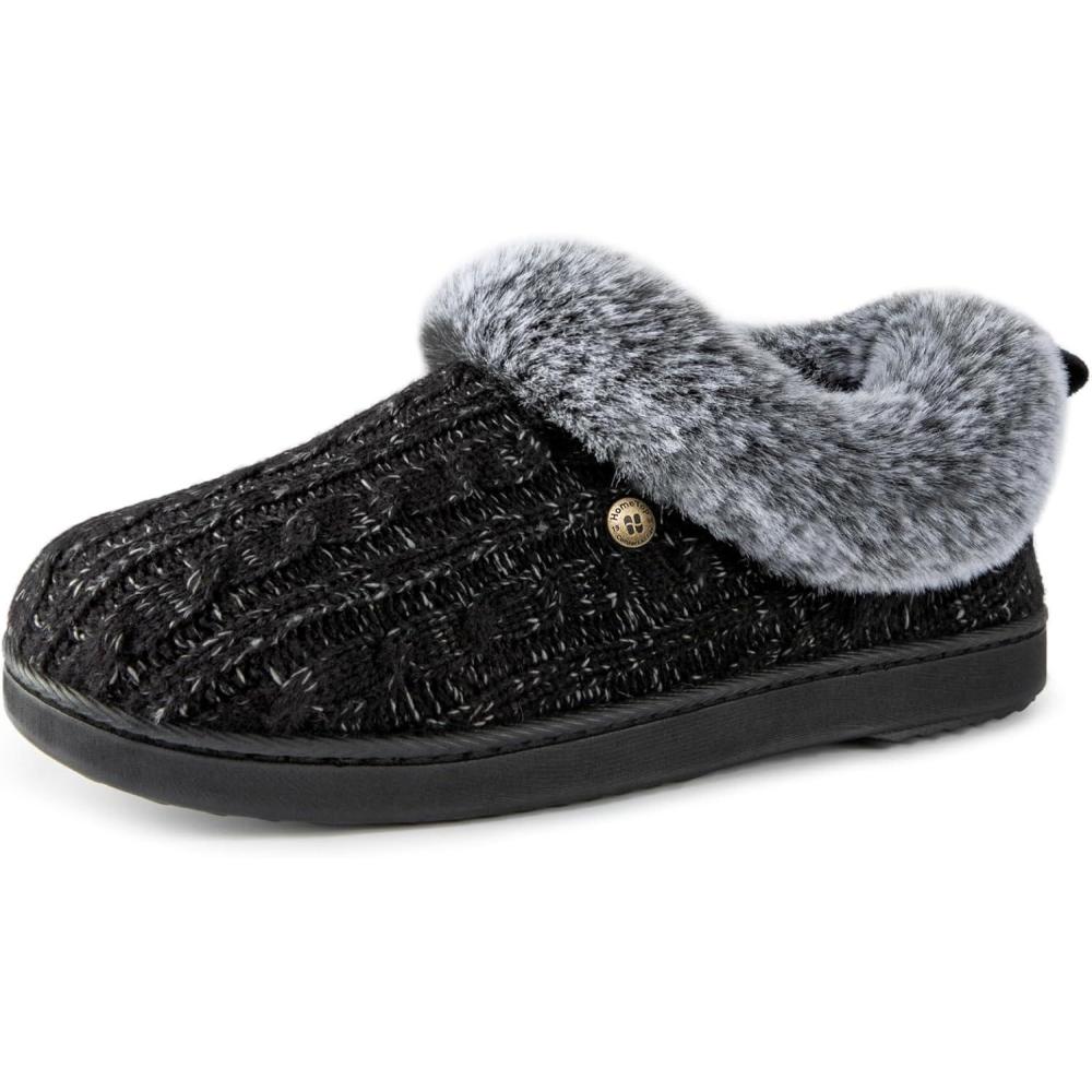 imageHomeTop Womens Cable Knit Slippers Breathable Warm Comfy Nonslip Indoor Outdoor House Shoes with Fuzzy CollarJet Black