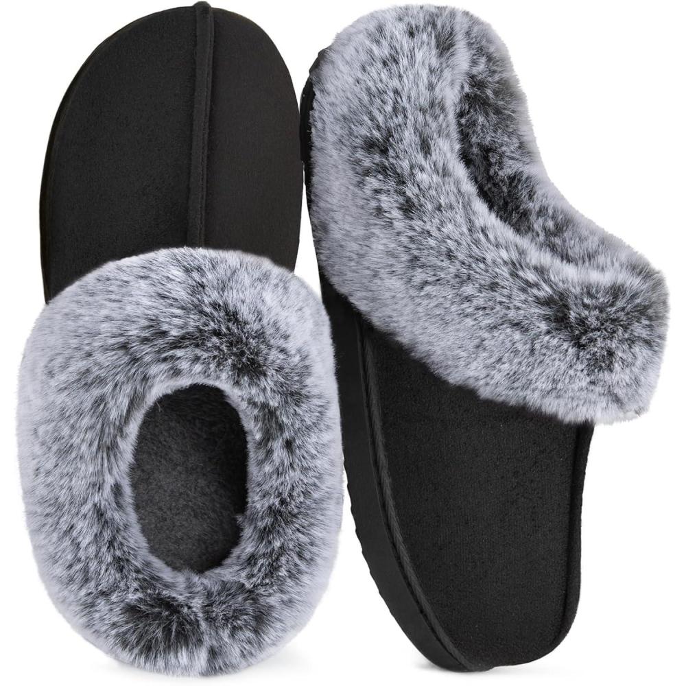 imageHomeTop Womens Classic Microsuede Memory Foam Slippers Durable Rubber Sole with Warm Faux Fur CollarBlack