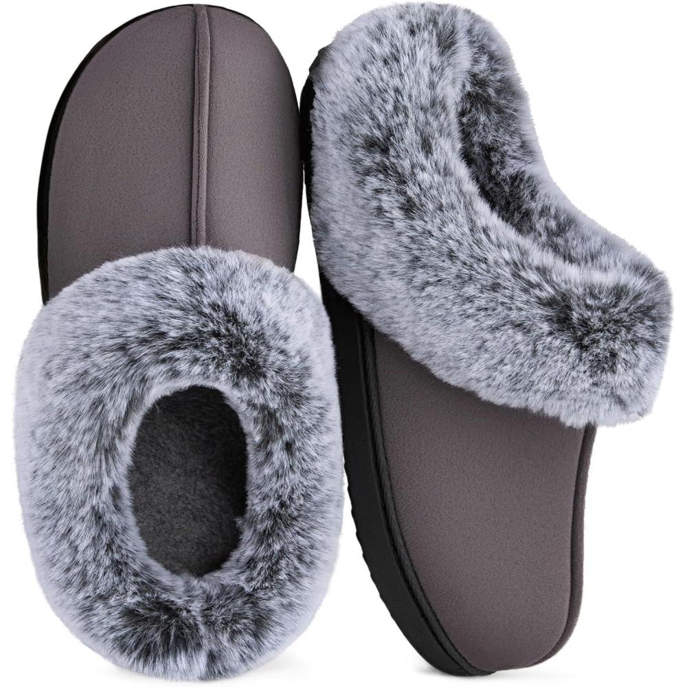 imageHomeTop Womens Classic Microsuede Memory Foam Slippers Durable Rubber Sole with Warm Faux Fur CollarDark Gray