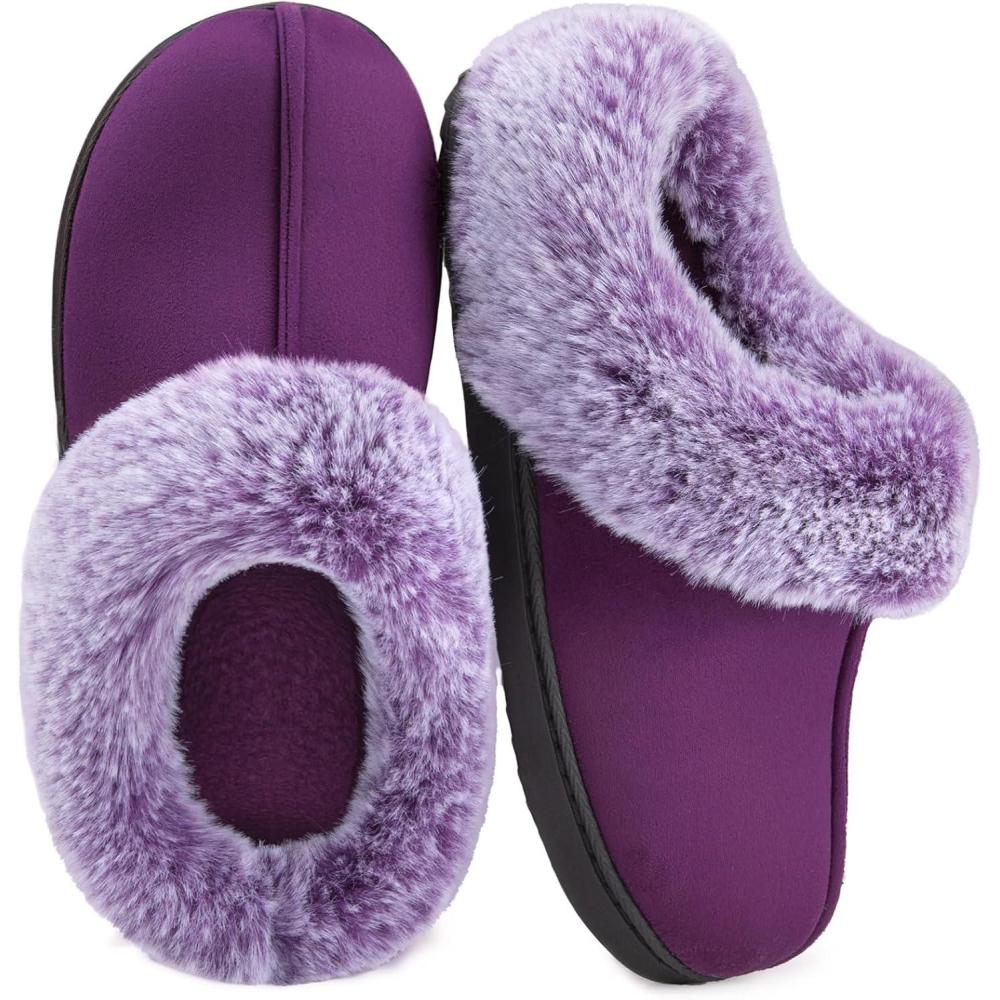 imageHomeTop Womens Classic Microsuede Memory Foam Slippers Durable Rubber Sole with Warm Faux Fur CollarPurple