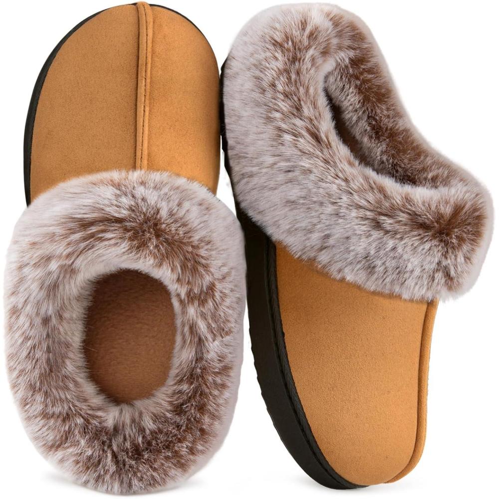 imageHomeTop Womens Classic Microsuede Memory Foam Slippers Durable Rubber Sole with Warm Faux Fur CollarTan