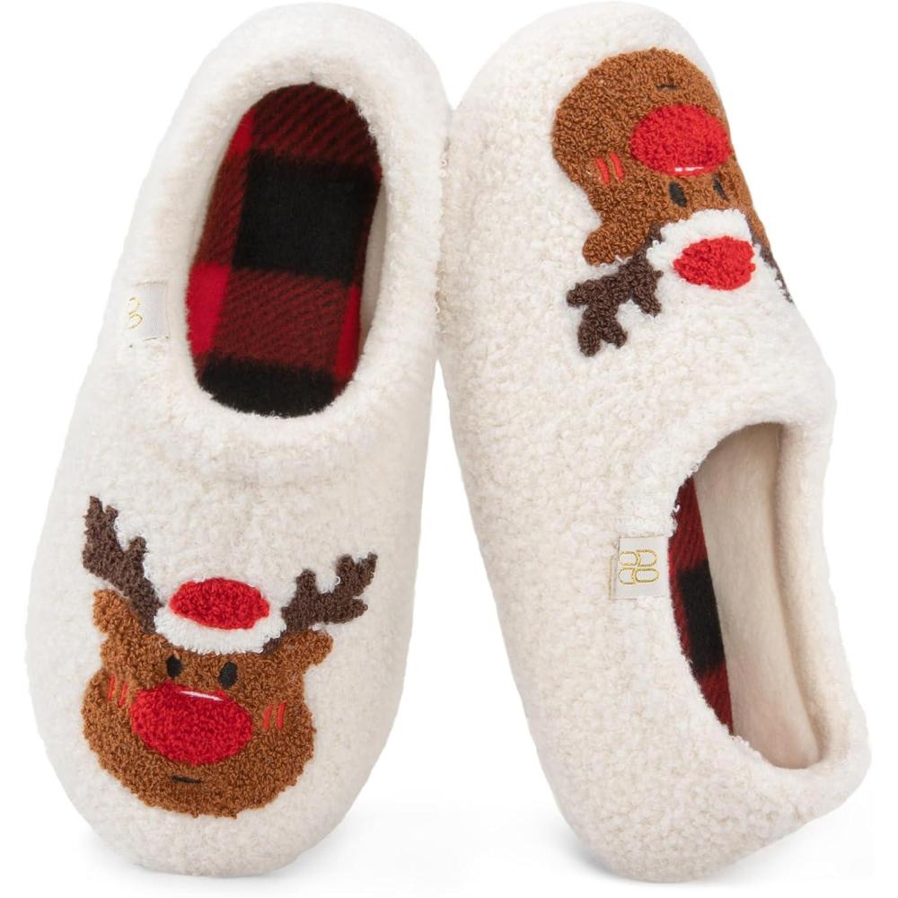 imageHomeTop Womens Fuzzy Curly Fur Memory Foam Loafer Slippers with Polar Fleece LiningXmas Reindeer