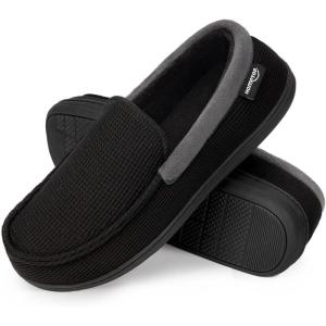 HomeTop Men’s Comfort Memory Foam Moccasin Slippers, Breathable Cotton Knit Terry Cloth House Shoes for Indoor Outdoor(Black)