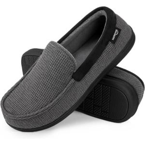 HomeTop Men’s Comfort Memory Foam Moccasin Slippers, Breathable Cotton Knit Terry Cloth House Shoes for Indoor Outdoor(Dark Gray)