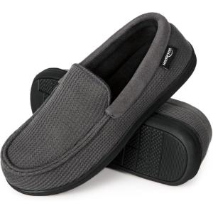 HomeTop Men’s Comfort Memory Foam Moccasin Slippers, Breathable Cotton Knit Terry Cloth House Shoes for Indoor Outdoor(Grey)