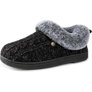 HomeTop Women’s Cable Knit Slippers Breathable Warm Comfy Non-slip Indoor Outdoor House Shoes with Fuzzy Collar(Jet Black)
