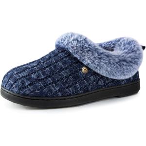 HomeTop Women’s Cable Knit Slippers Breathable Warm Comfy Non-slip Indoor Outdoor House Shoes with Fuzzy Collar(Navy Blue)
