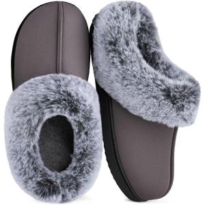 HomeTop Women’s Classic Microsuede Memory Foam Slippers Durable Rubber Sole with Warm Faux Fur Collar(Dark Gray)