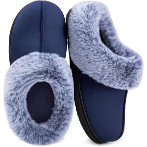 HomeTop Women’s Classic Microsuede Memory Foam Slippers Durable Rubber Sole with Warm Faux Fur Collar(Navy Blue)