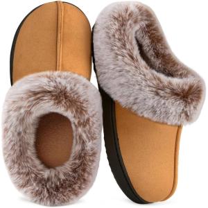 HomeTop Women’s Classic Microsuede Memory Foam Slippers Durable Rubber Sole with Warm Faux Fur Collar(Tan)