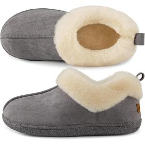 HomeTop Women’s Closed-back Slippers Faux Wool Warm Non-slip Outdoor Indoor House Shoes with Fuzzy Collar(Dark Gray)