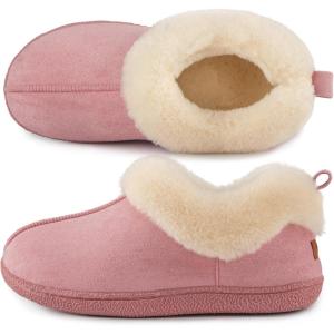 HomeTop Women’s Closed-back Slippers Faux Wool Warm Non-slip Outdoor Indoor House Shoes with Fuzzy Collar(Puce Pink)