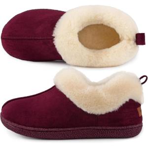 HomeTop Women’s Closed-back Slippers Faux Wool Warm Non-slip Outdoor Indoor House Shoes with Fuzzy Collar(Wine Red)