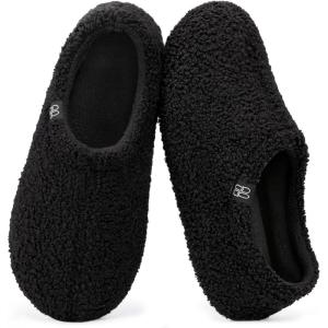 HomeTop Women’s Fuzzy Curly Fur Memory Foam Loafer Slippers with Polar Fleece Lining(Black)