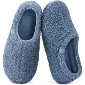 HomeTop Women’s Fuzzy Curly Fur Memory Foam Loafer Slippers with Polar Fleece Lining(Cerulean)