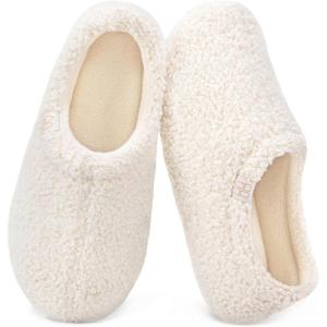 HomeTop Women’s Fuzzy Curly Fur Memory Foam Loafer Slippers with Polar Fleece Lining(Cream White)