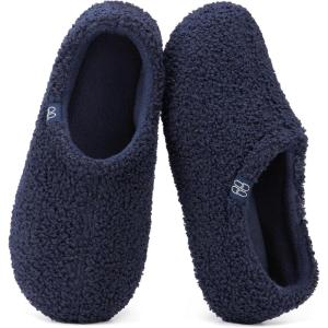 HomeTop Women’s Fuzzy Curly Fur Memory Foam Loafer Slippers with Polar Fleece Lining(Navy)