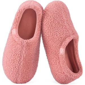 HomeTop Women’s Fuzzy Curly Fur Memory Foam Loafer Slippers with Polar Fleece Lining(Pink)