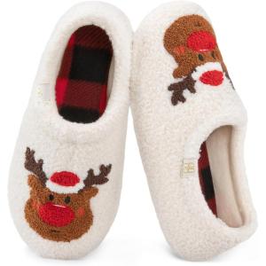 HomeTop Women’s Fuzzy Curly Fur Memory Foam Loafer Slippers with Polar Fleece Lining(Xmas Reindeer)