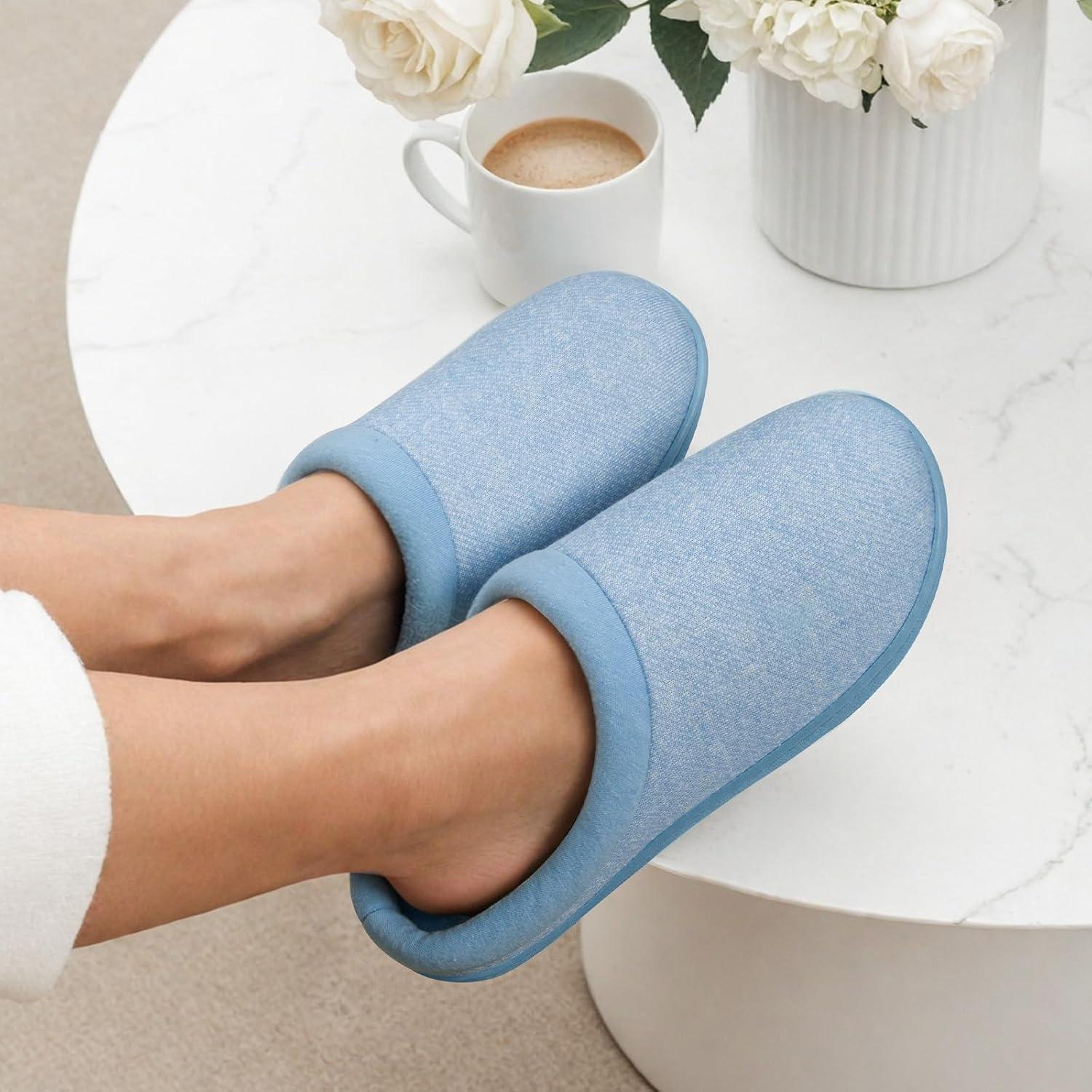 imageHomeTop Womens Knit Memory Foam Slippers Warm Soft House Shoes with Antislip SoleLight Blue