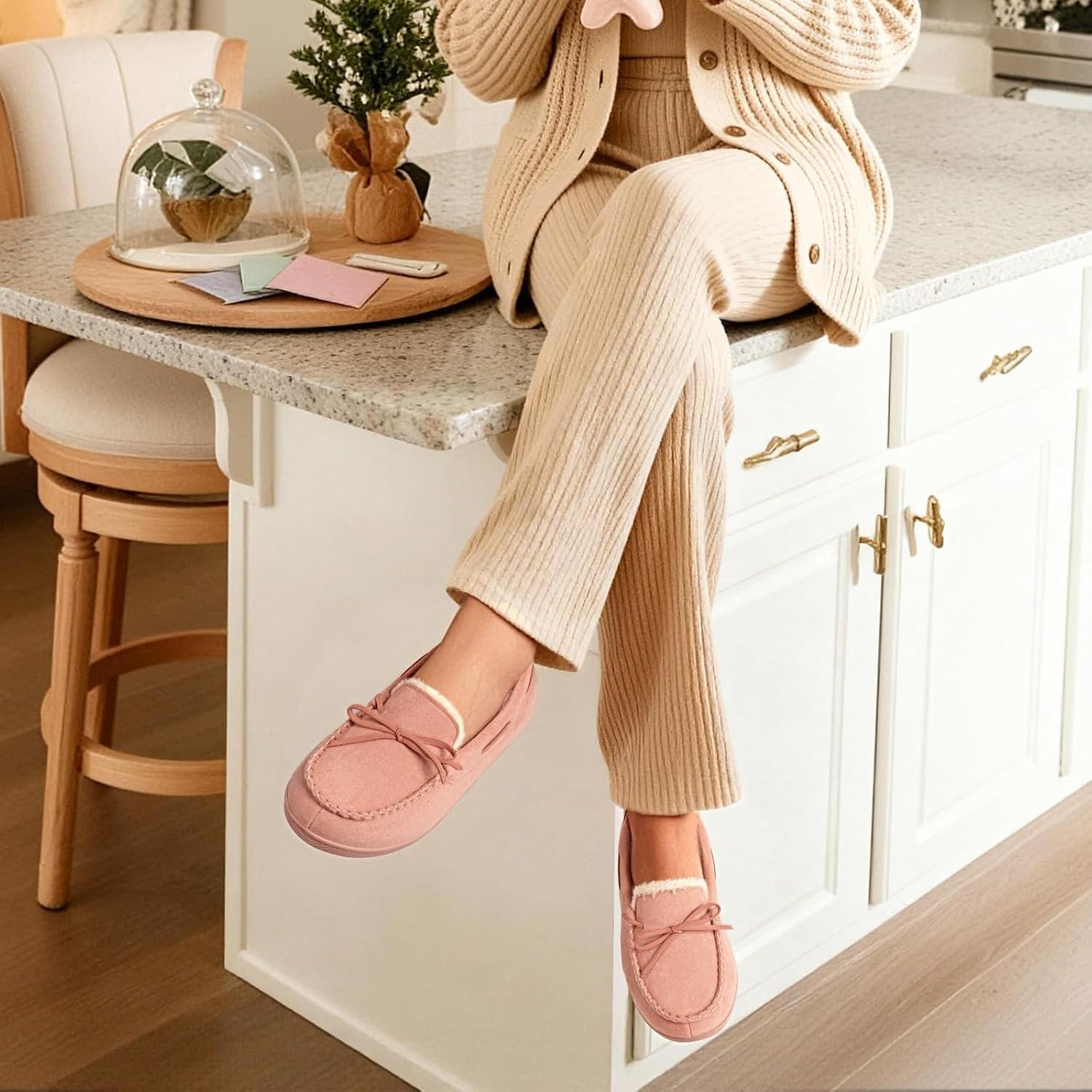 imageHomeTop Womens Moccasins House Slippers Memory Foam Indoor Outdoor Ladies ShoesPink Ash