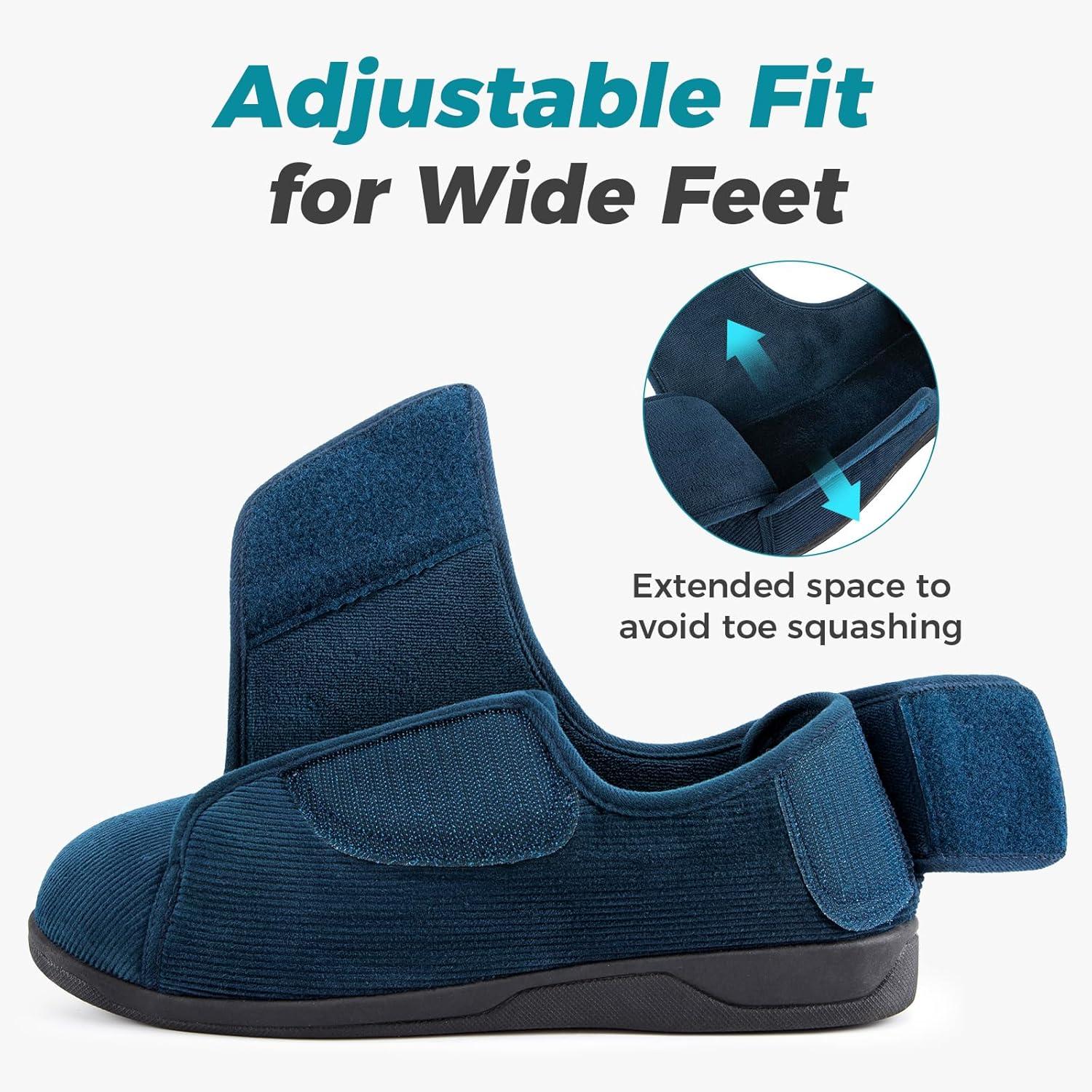 imageHomeTop Mens Corduroy Slippers Comfy Adjustable Hook and Loop Memory Foam Wide Indoor House Shoes for Diabetic Swollen FeetCadet Blue
