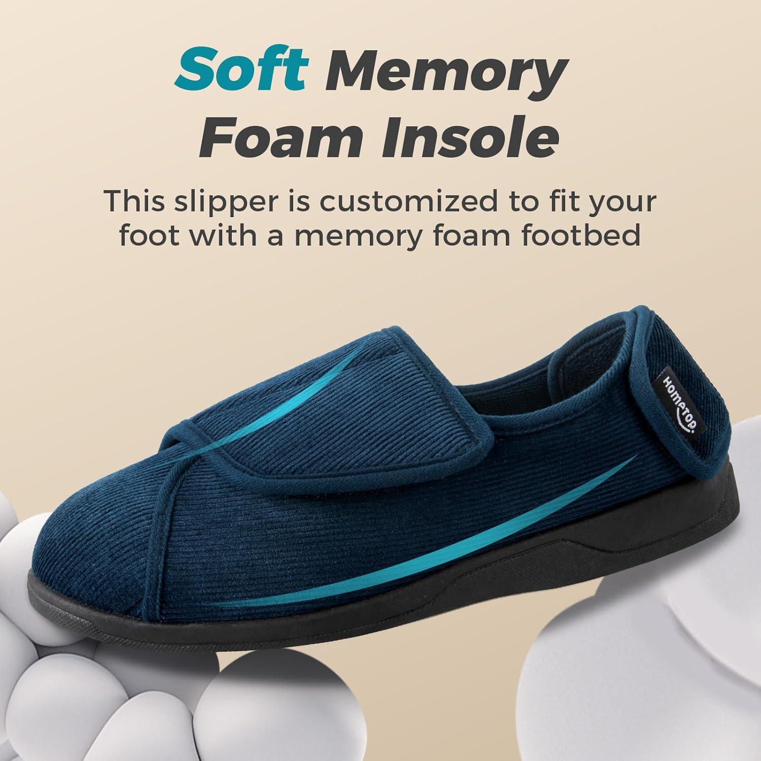 imageHomeTop Mens Corduroy Slippers Comfy Adjustable Hook and Loop Memory Foam Wide Indoor House Shoes for Diabetic Swollen FeetCadet Blue