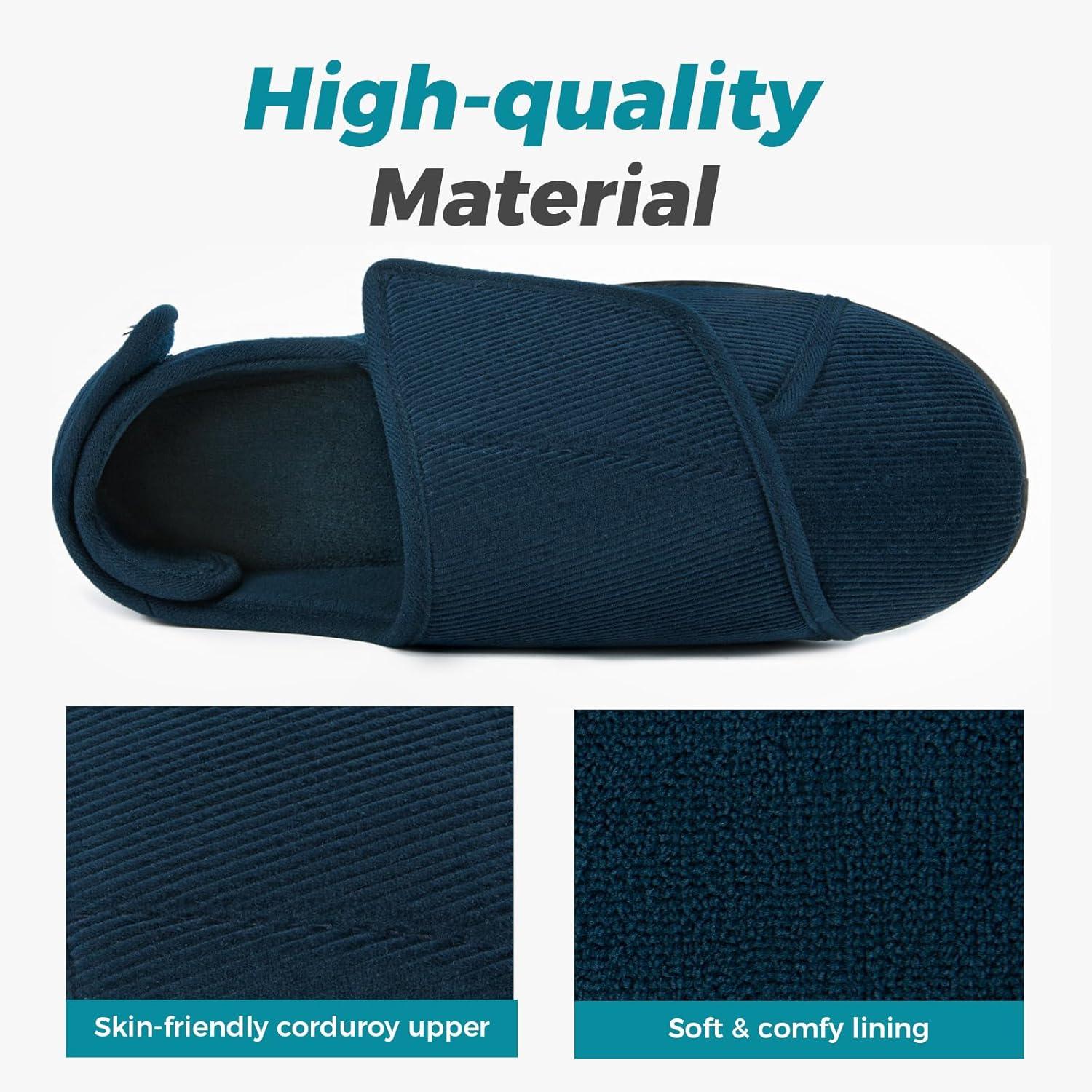 imageHomeTop Mens Corduroy Slippers Comfy Adjustable Hook and Loop Memory Foam Wide Indoor House Shoes for Diabetic Swollen FeetCadet Blue