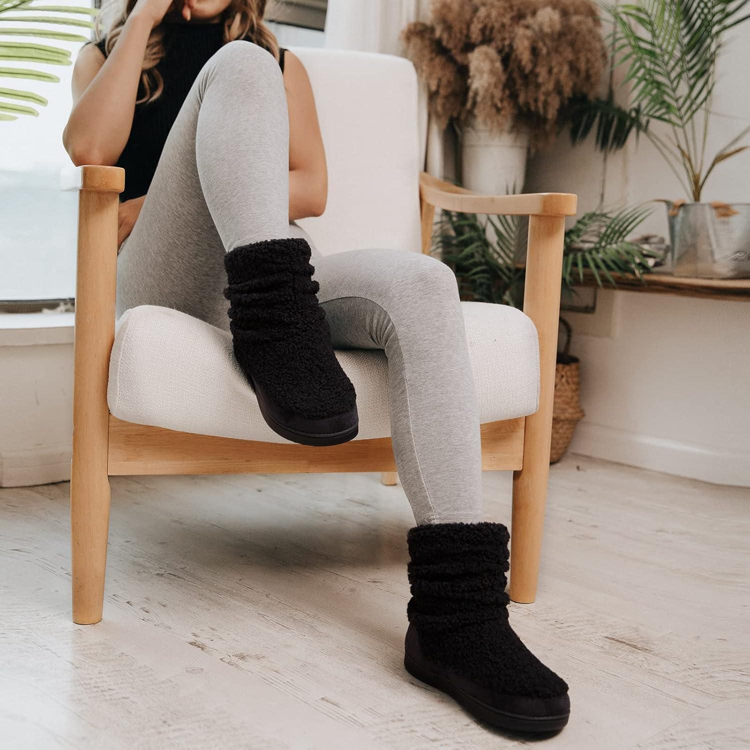 imageHomeTop Womens Bootie Slippers Fuzzy Warm Memory Foam Indoor House Shoes with Nonslip Rubber SolesBlack