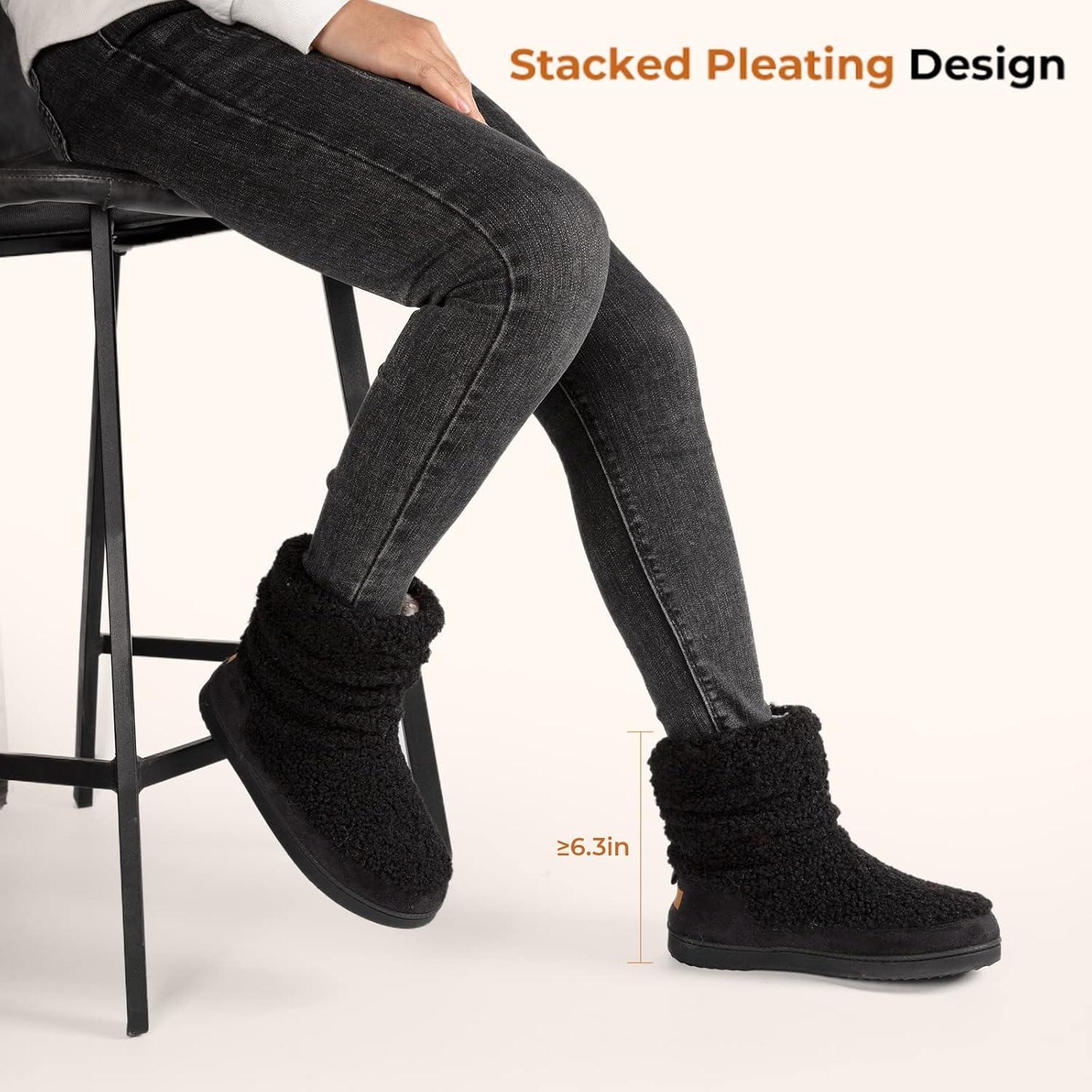 imageHomeTop Womens Bootie Slippers Fuzzy Warm Memory Foam Indoor House Shoes with Nonslip Rubber SolesBlack