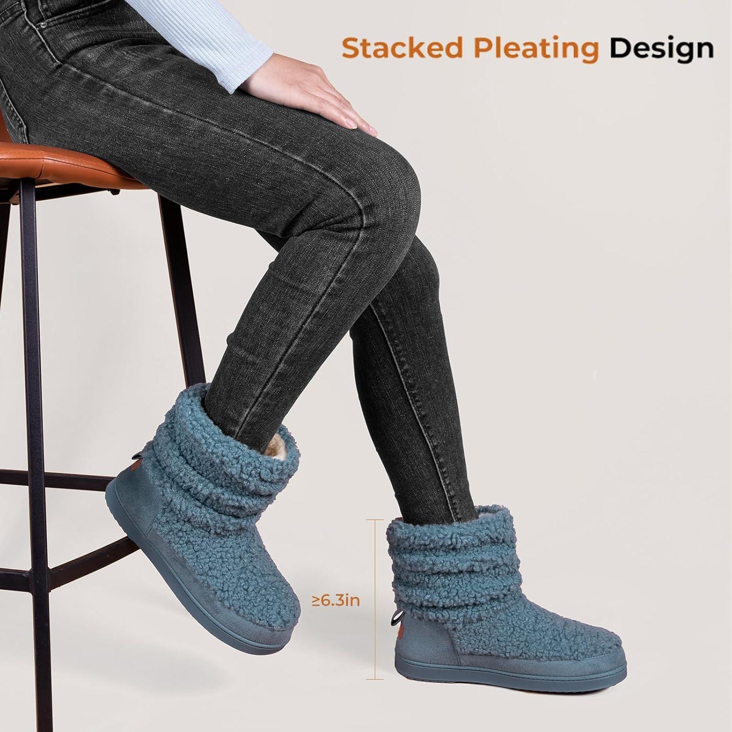 imageHomeTop Womens Bootie Slippers Fuzzy Warm Memory Foam Indoor House Shoes with Nonslip Rubber SolesBlue