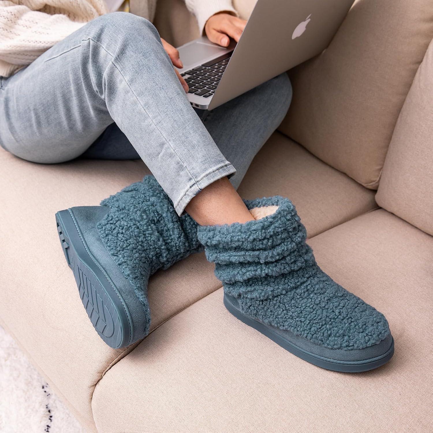 imageHomeTop Womens Bootie Slippers Fuzzy Warm Memory Foam Indoor House Shoes with Nonslip Rubber SolesBlue