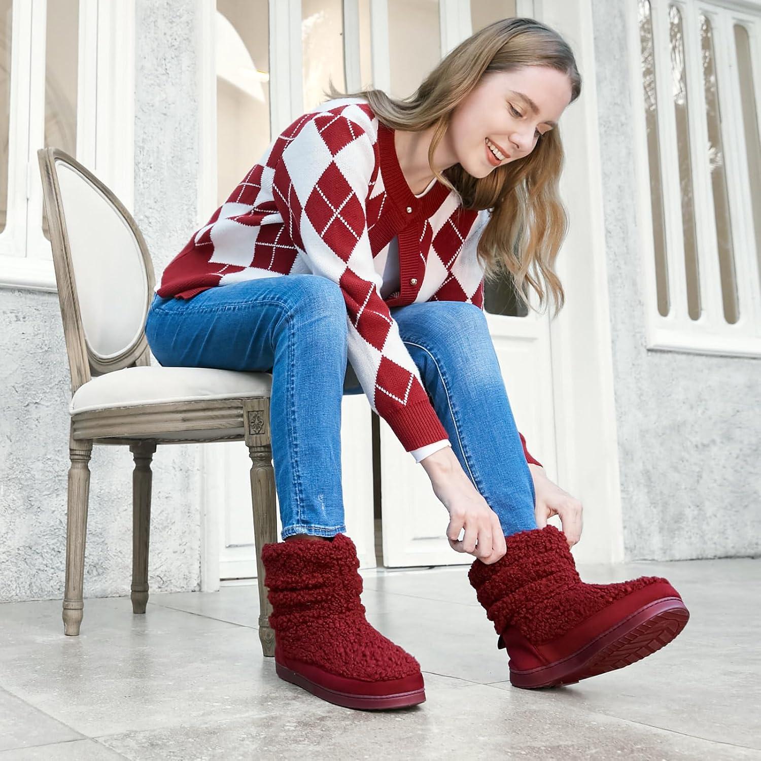 imageHomeTop Womens Bootie Slippers Fuzzy Warm Memory Foam Indoor House Shoes with Nonslip Rubber SolesWine Red