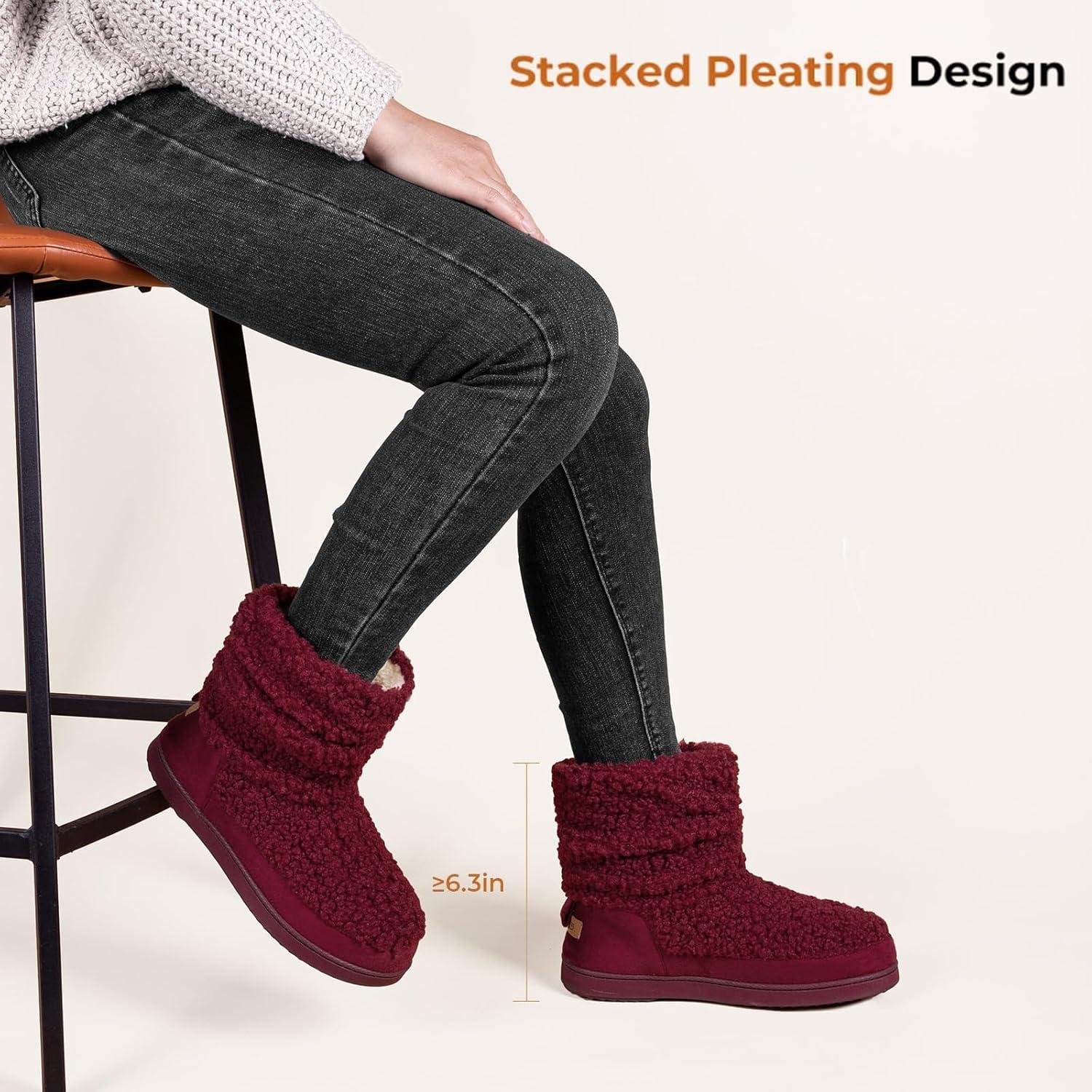 imageHomeTop Womens Bootie Slippers Fuzzy Warm Memory Foam Indoor House Shoes with Nonslip Rubber SolesWine Red