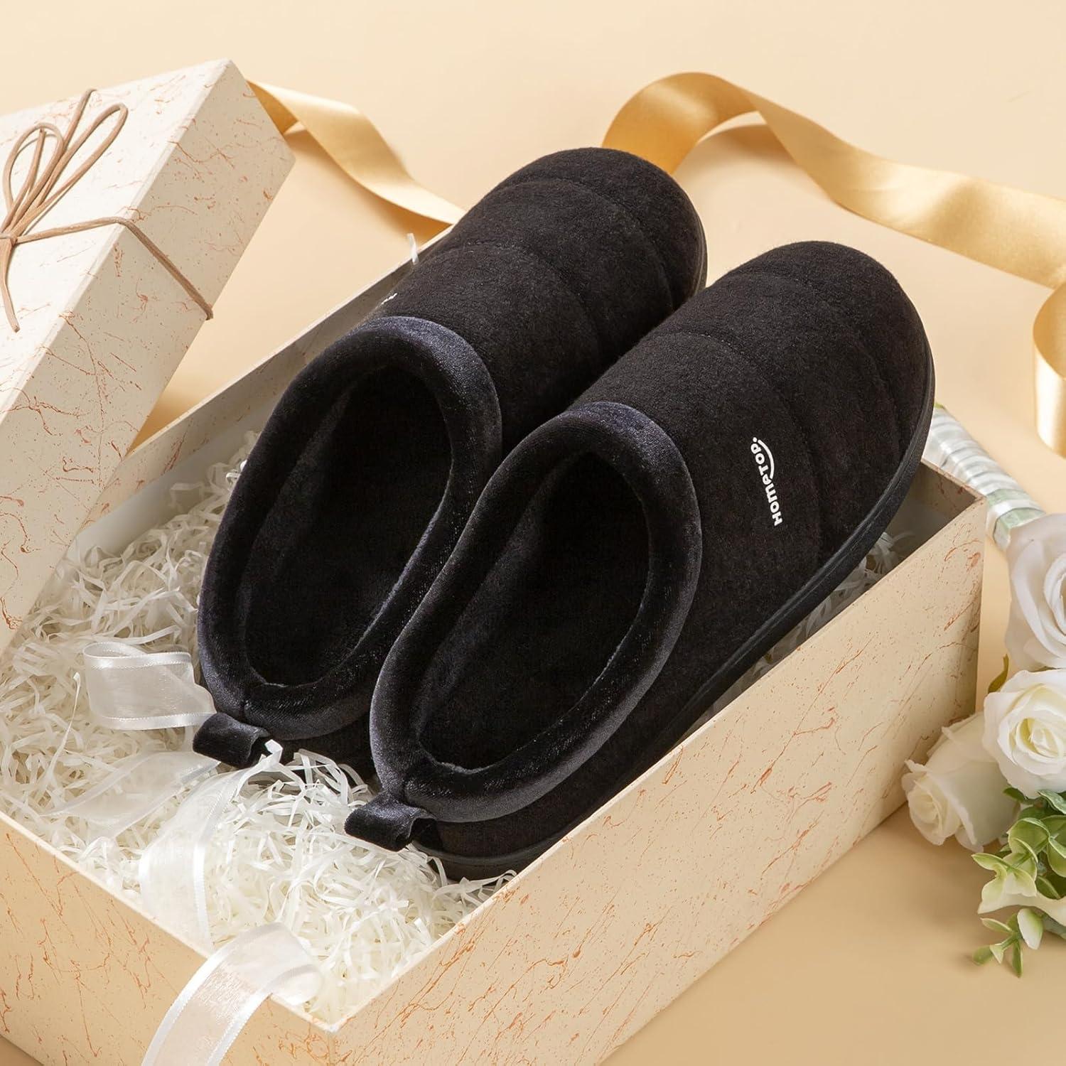 imageHomeTop Womens Comfy Quilted Slipper Soft Cashmere Like Slip on Memory Foam House ShoeDark Black