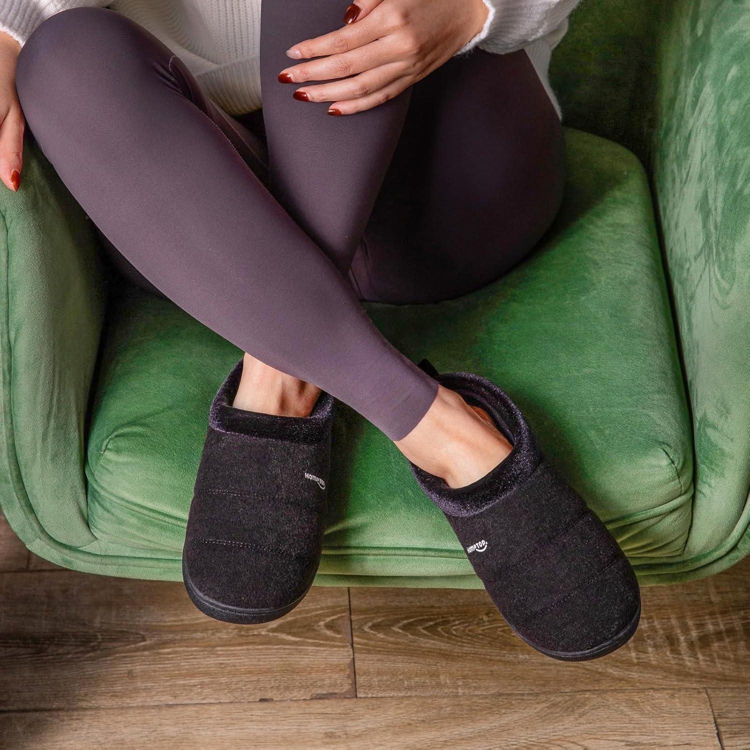 imageHomeTop Womens Comfy Quilted Slipper Soft Cashmere Like Slip on Memory Foam House ShoeDark Black