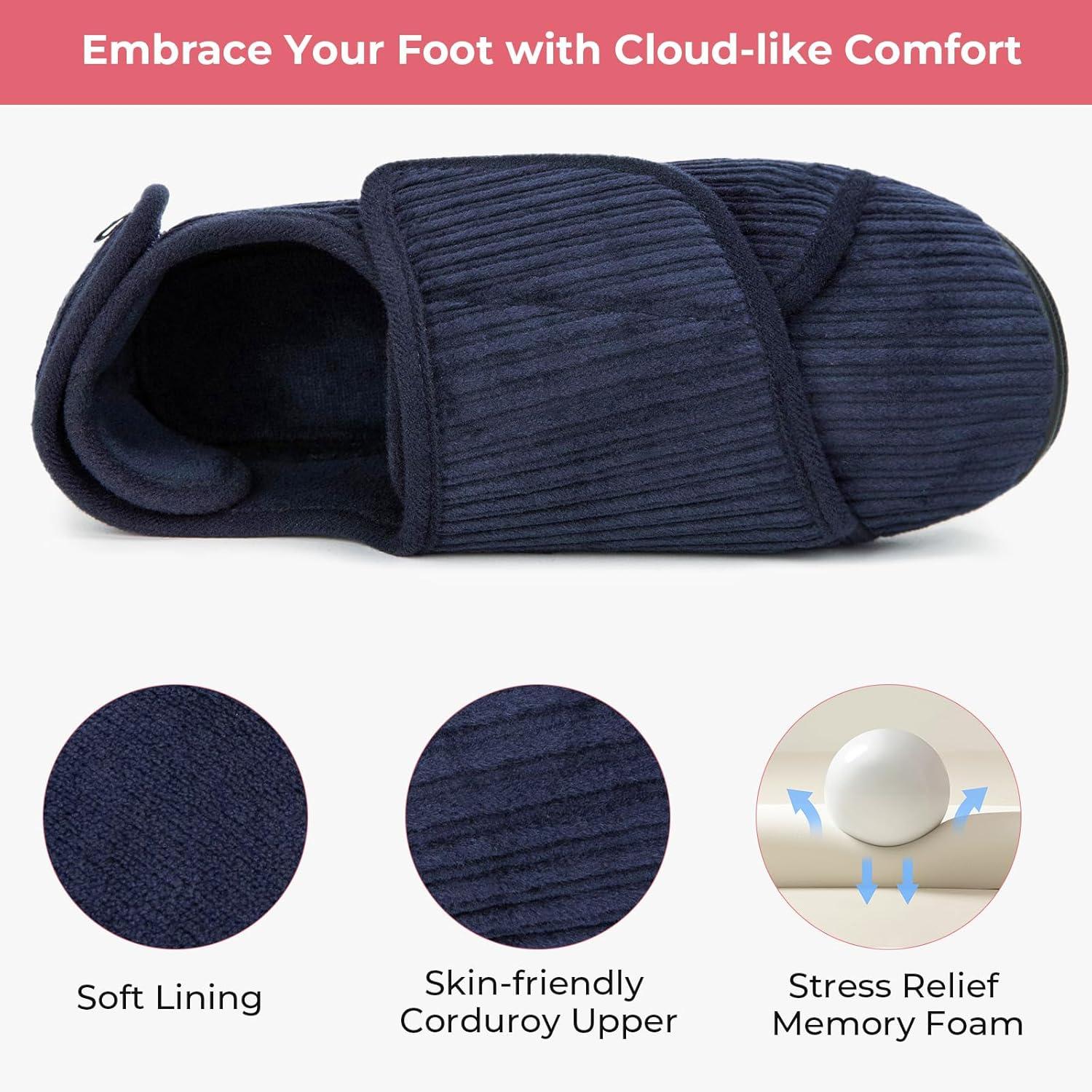 imageHomeTop Womens Corduroy Slippers Comfy Adjustable Hook and Loop Memory Foam Indoor Closedback House Shoes for Diabetic Swollen FeetDark Galaxy Blue
